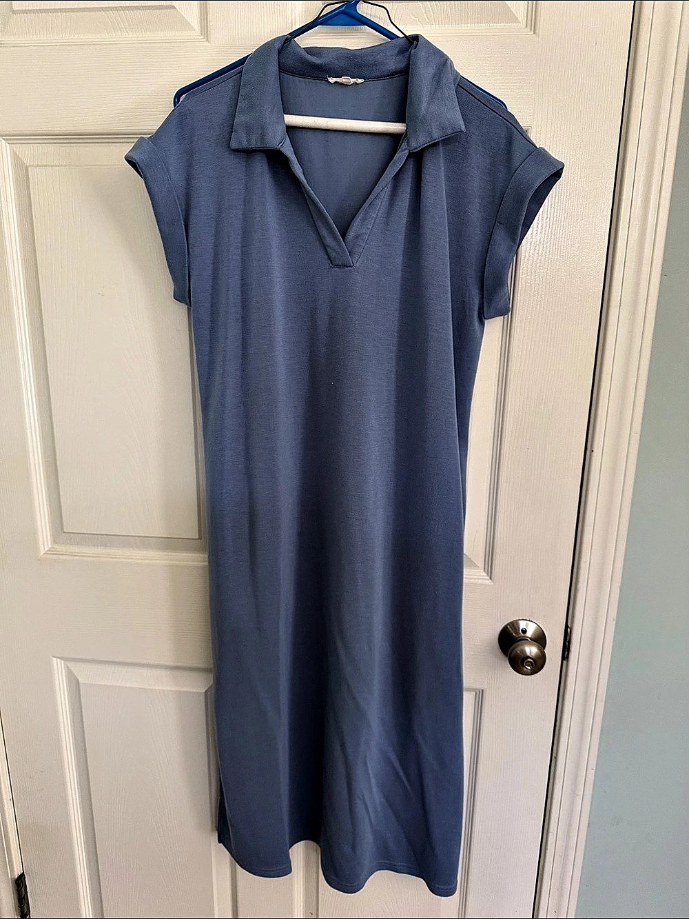 JODIFL Solid Open Collared Short Sleeve Casual Dress with Side Pockets Blue